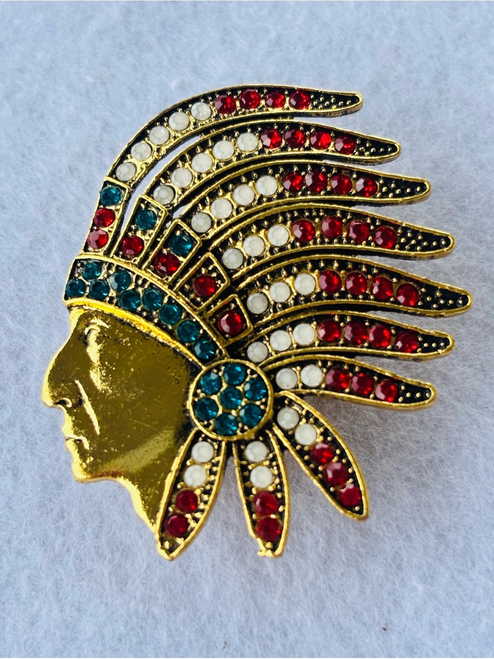 Gold Tone Feather Headdress Profile Red White Blue Rhinestone Brooch